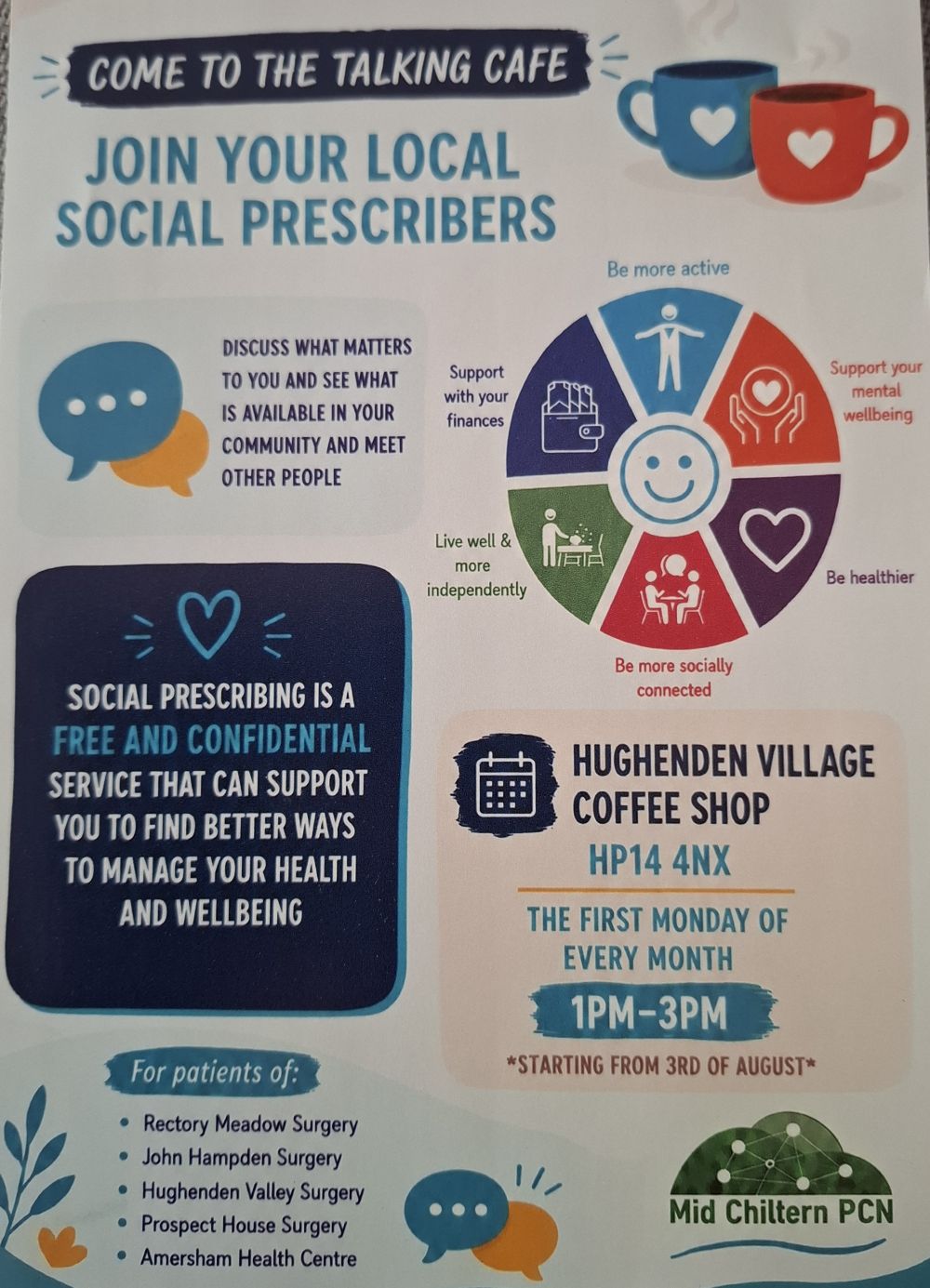 Flyer for Mid Chiltern PCN's social prescribers visits to Hughenden Valley Coffee Shop first monday of every month